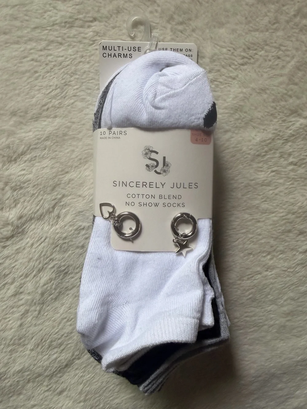 Sincerely Jules White & Gray Athletic No-Show Socks with Charms (10 Pairs)